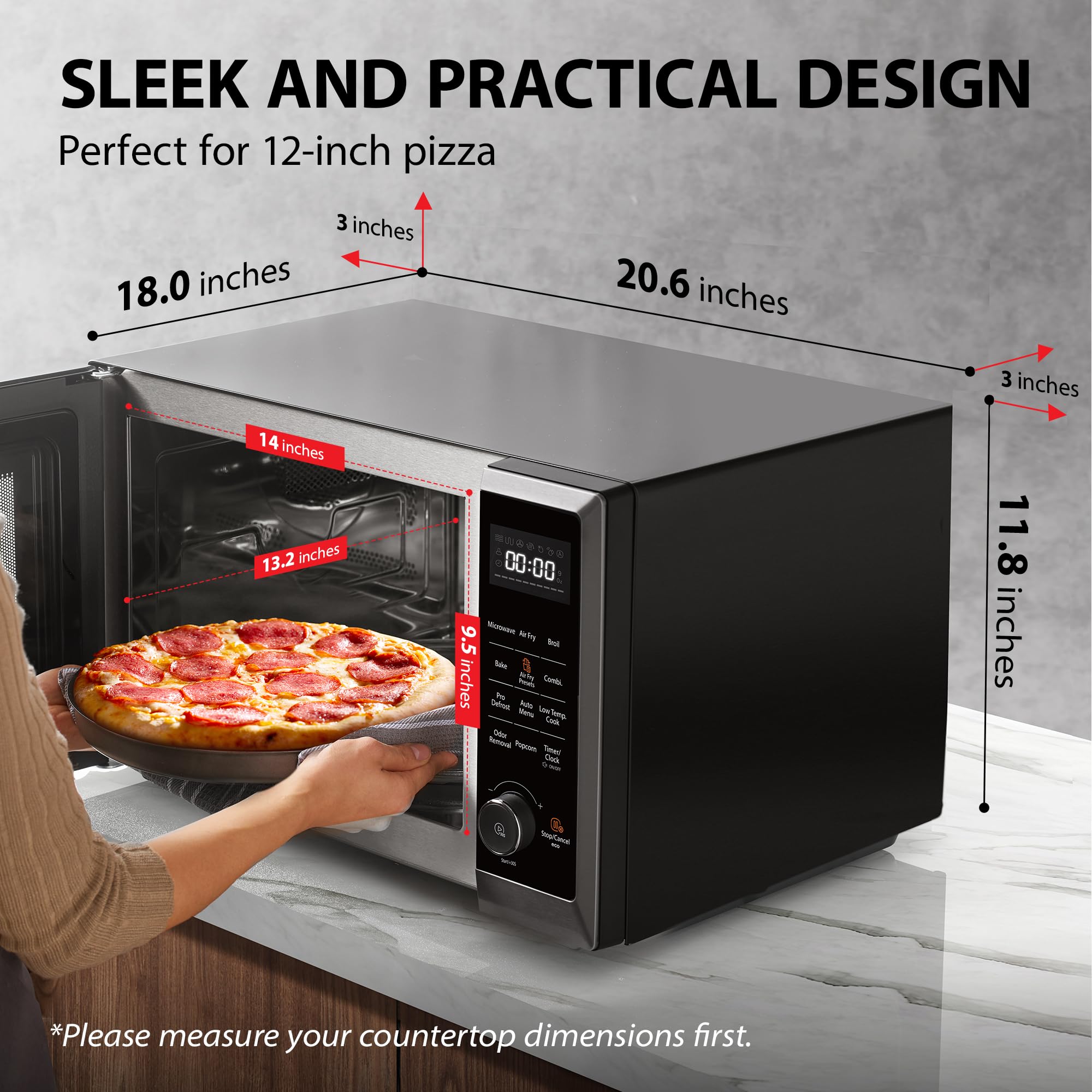 Air Fryer Combo 8-in-1 Countertop Microwave Oven, with Convection, Broil, Odor Removal Mode, 12.4" Position Memory Turntable, Child-Lock, 1.0 Cu.ft, Black Stainless Steel, ML2-EC10SA(BS)