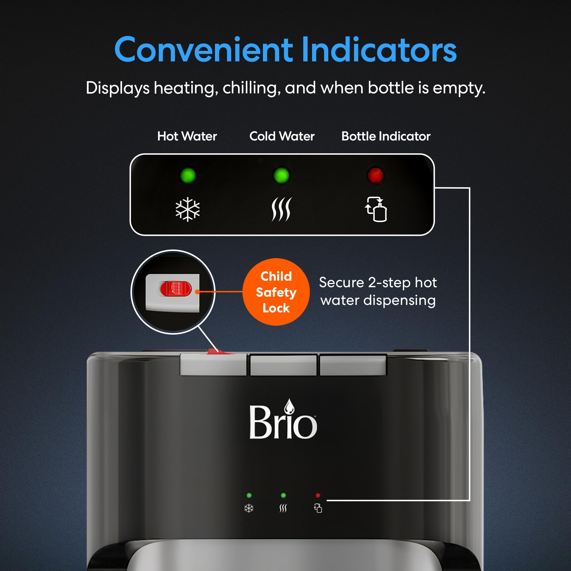 Loading Water Cooler Dispenser for 5 Gallon Bottles - 3 Temperatures with Hot, Room & Cold Spouts, Child Safety Lock, LED Display with Empty Bottle Alert, Stainless Steel