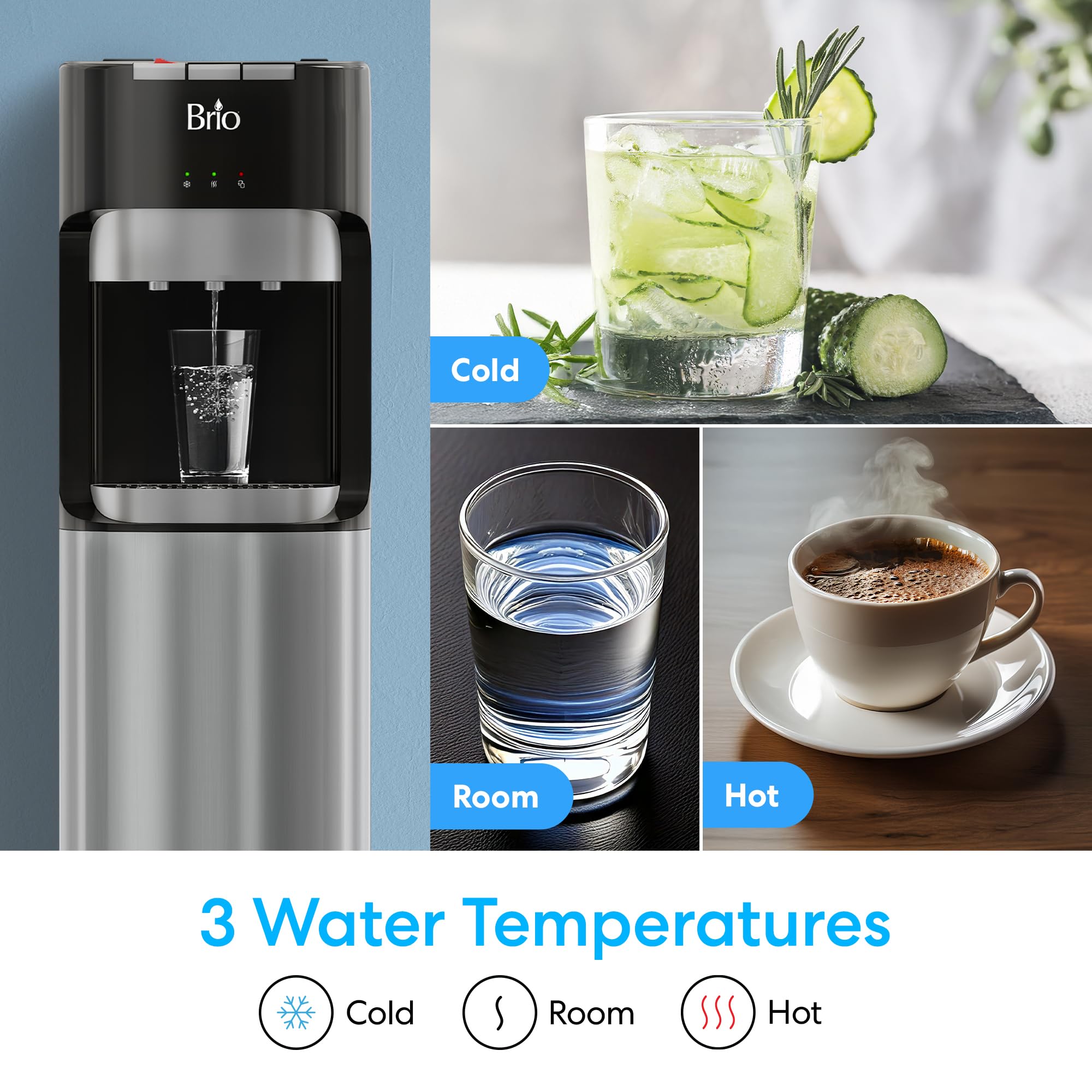 Loading Water Cooler Dispenser for 5 Gallon Bottles - 3 Temperatures with Hot, Room & Cold Spouts, Child Safety Lock, LED Display with Empty Bottle Alert, Stainless Steel
