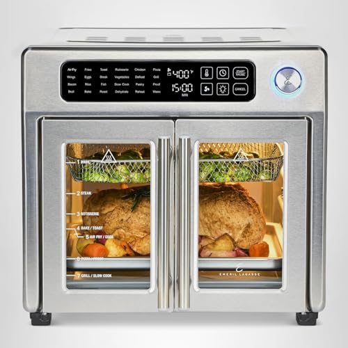 Extra Large French Door Air Fryer Toaster Oven Combo, 24 Cooking Functions and Digital Controls, 7 Accessories Included, Stainless Steel Finish, 26QT Capacity