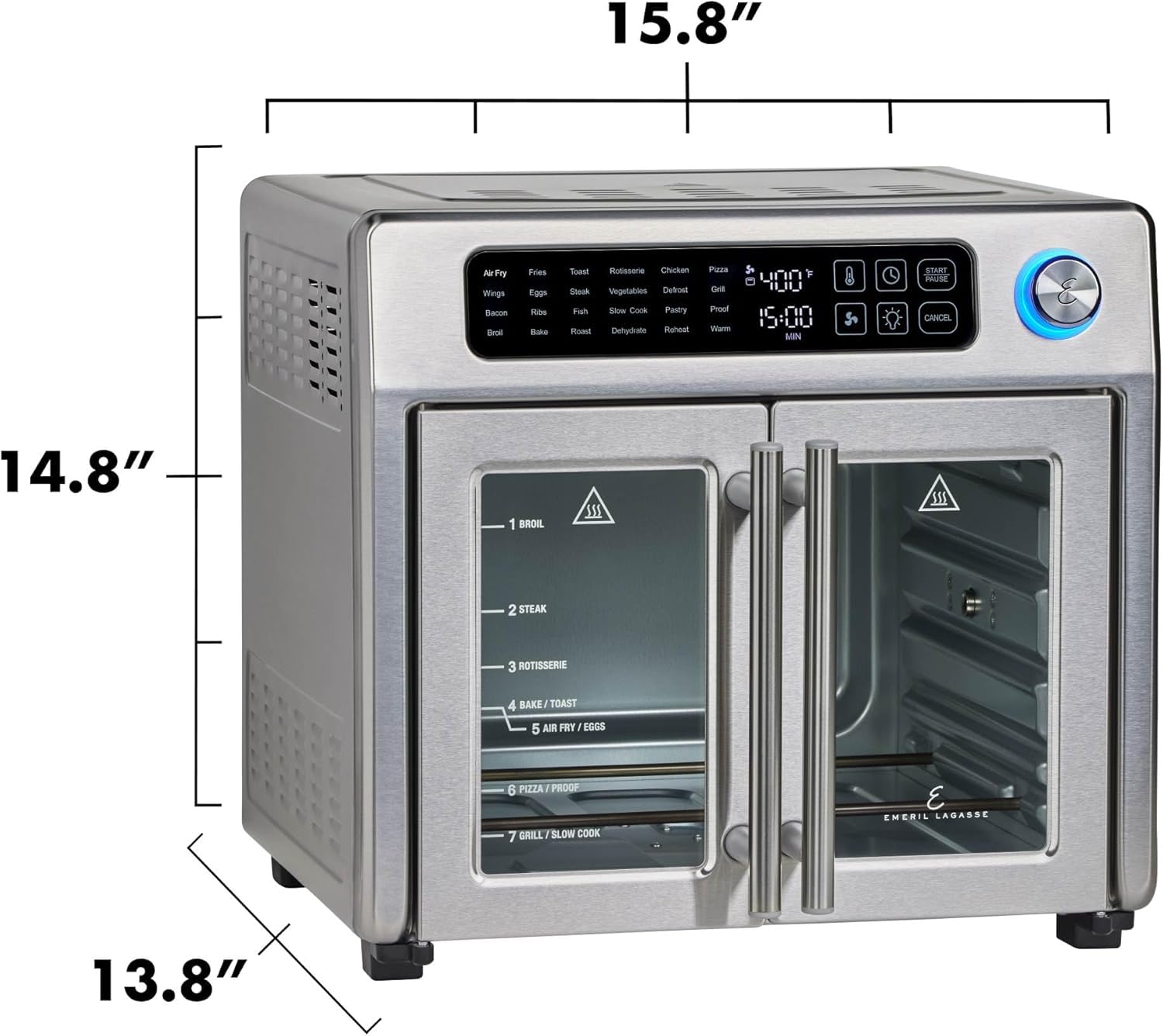 Extra Large French Door Air Fryer Toaster Oven Combo, 24 Cooking Functions and Digital Controls, 7 Accessories Included, Stainless Steel Finish, 26QT Capacity