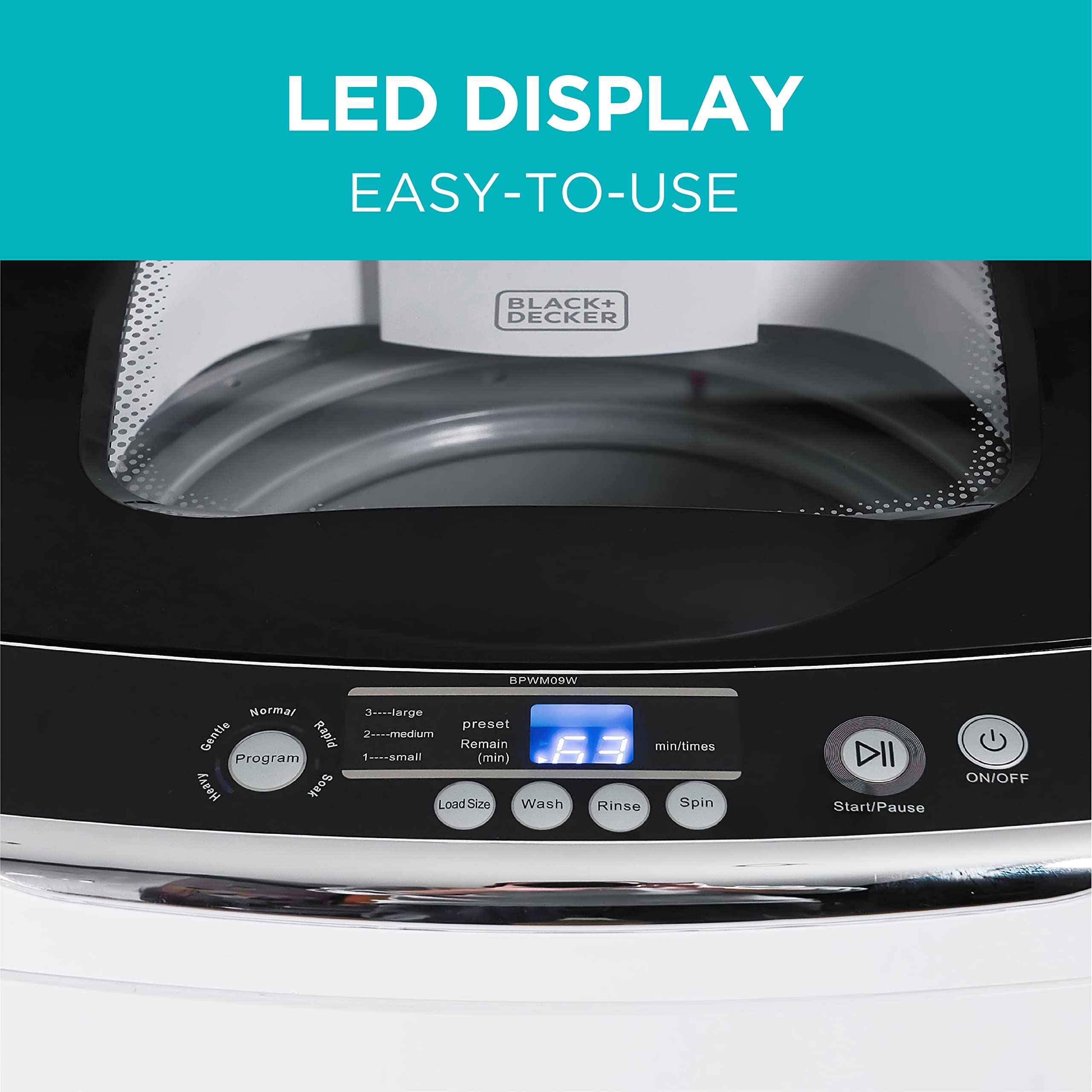 0.9 Cu. Ft. Portable Washer, 6.6 lb. Capacity Washing Machine for Homes & Apartments, 5 Wash Cycles, Quick Connect Sink Adapter and Drain Hose Included, Transparent Lid, BPWM09W, White