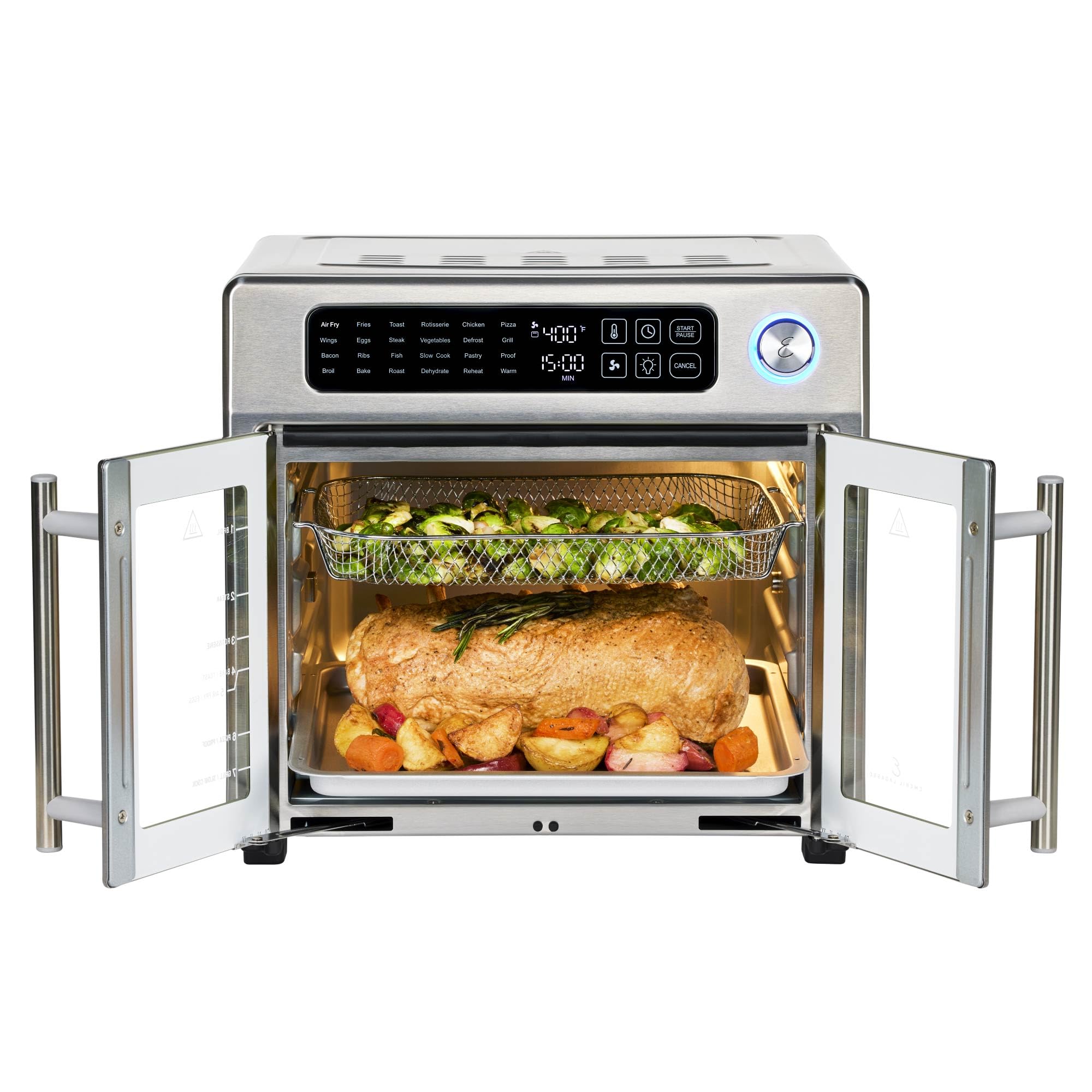 Extra Large French Door Air Fryer Toaster Oven Combo, 24 Cooking Functions and Digital Controls, 7 Accessories Included, Stainless Steel Finish, 26QT Capacity