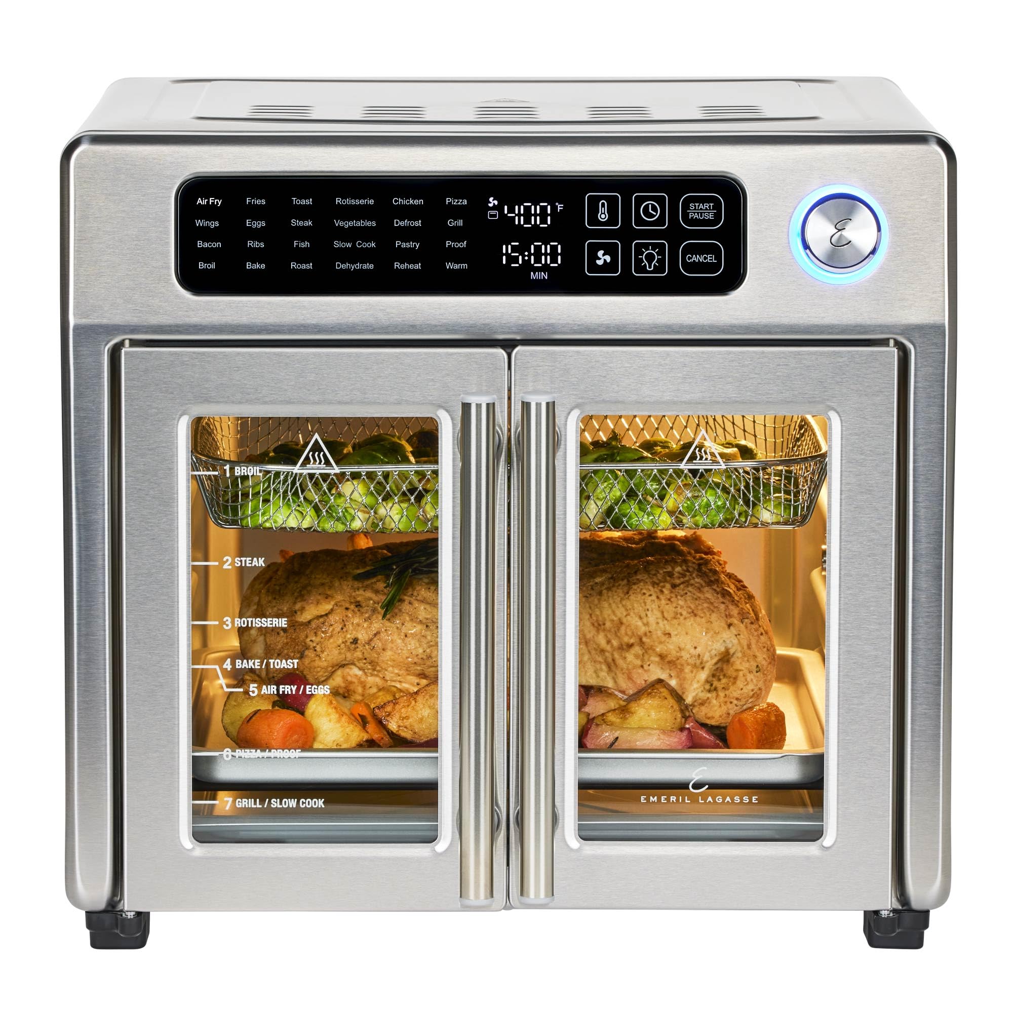 Extra Large French Door Air Fryer Toaster Oven Combo, 24 Cooking Functions and Digital Controls, 7 Accessories Included, Stainless Steel Finish, 26QT Capacity