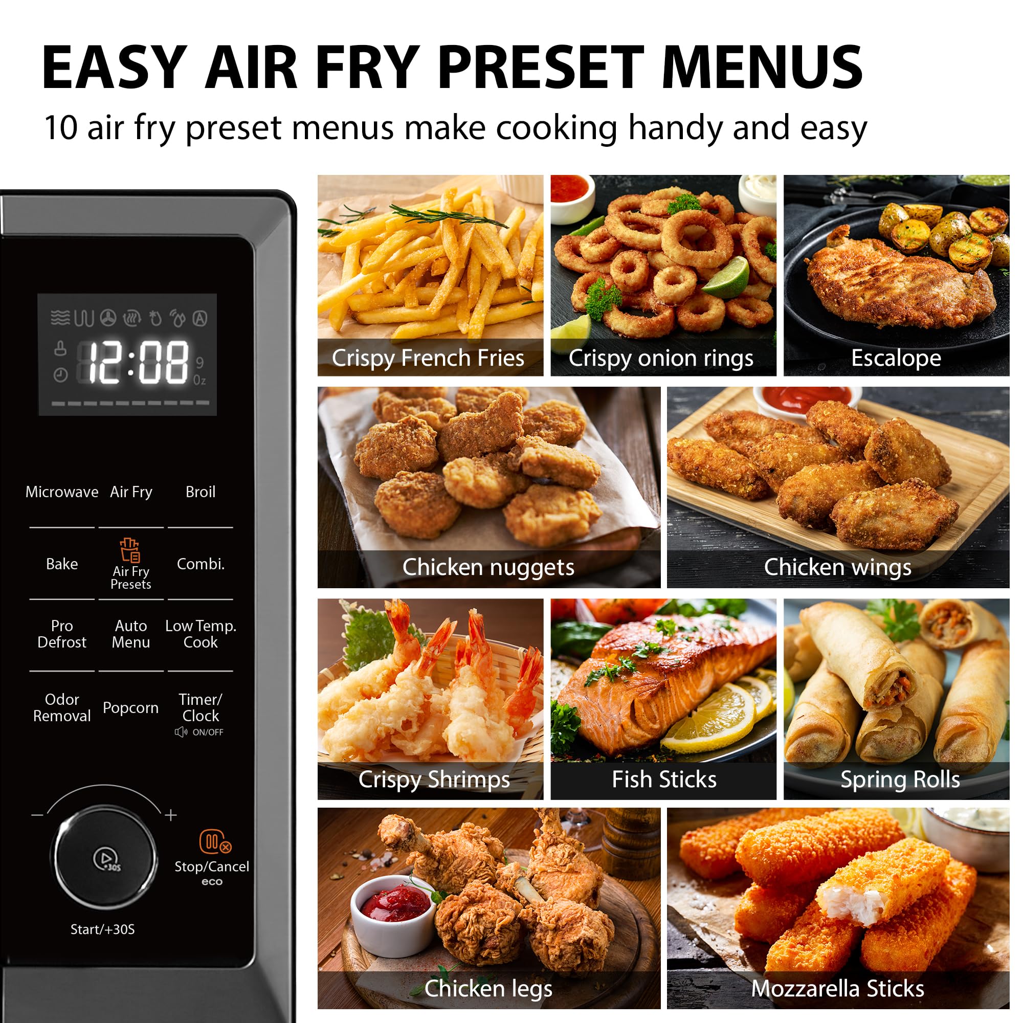 Air Fryer Combo 8-in-1 Countertop Microwave Oven, with Convection, Broil, Odor Removal Mode, 12.4" Position Memory Turntable, Child-Lock, 1.0 Cu.ft, Black Stainless Steel, ML2-EC10SA(BS)